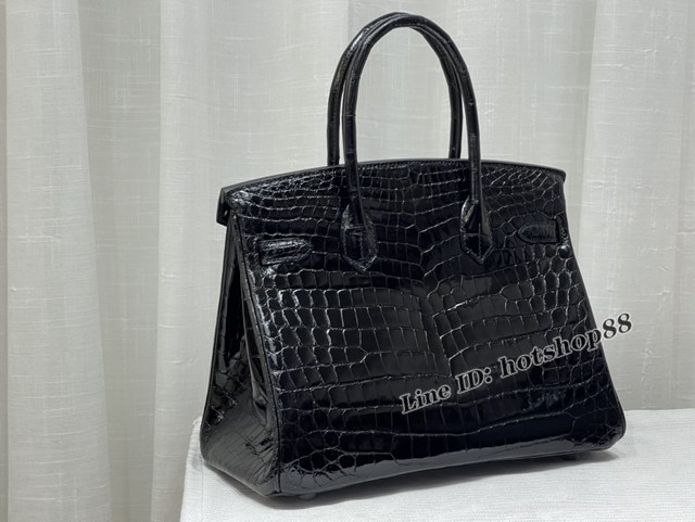 Hermes專櫃鉑金手提女包 愛馬仕Birkin30黑色高光尼羅鱷魚肚皮蜜蠟線全手工縫製手袋 zhh1090